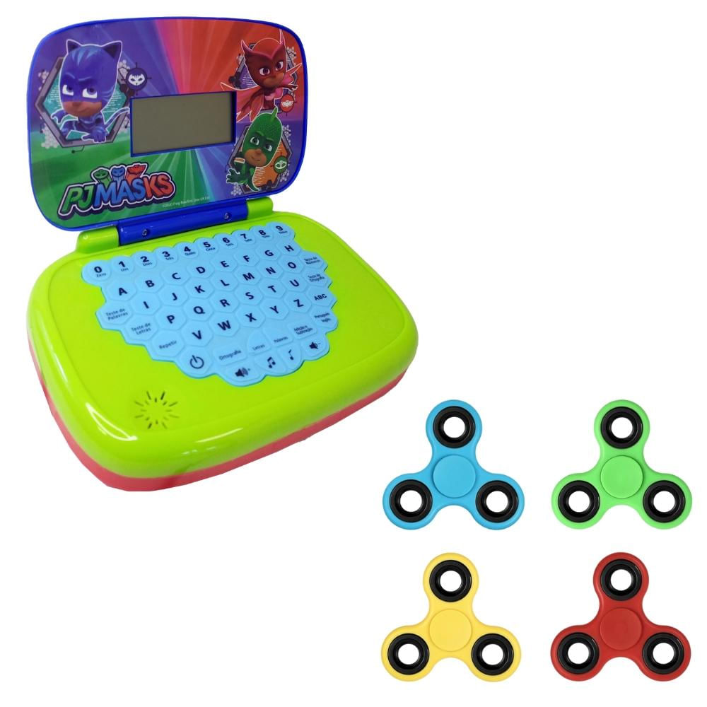 Encontraproduto.com.br - Kit Laptop Infantil Educativo Candide PJ Masks Bilíngue + 1 Fidget Spinner Sortido