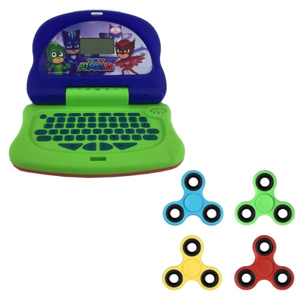 Encontraproduto.com.br - Kit Laptop Infantil Educativo Candide PJ Masks Hero Tech Bilíngue + 1 Fidget Spinner Sortido