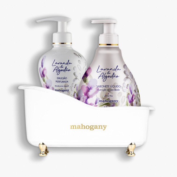 Encontraproduto.com.br - Kit Lavanda & Algodão Sabonete Líquido e Hidratante com Banheira Branca
