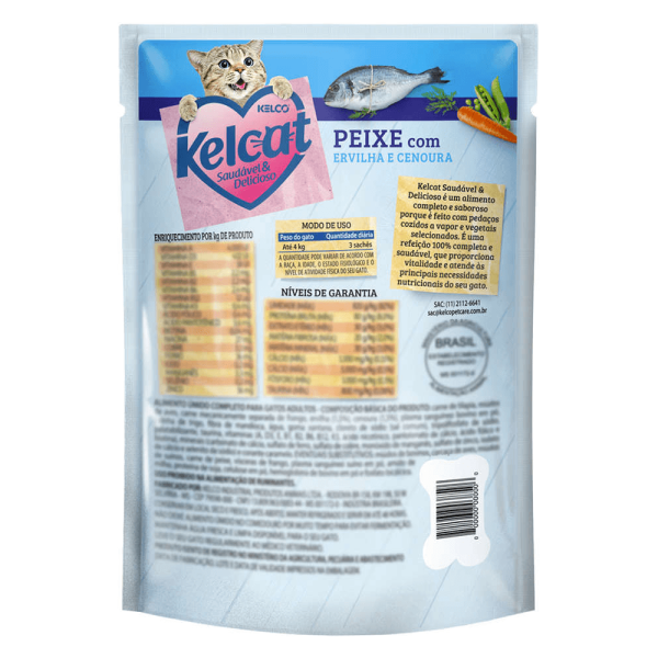 Encontraproduto.com.br - Ração Úmida Sabor Peixe Ervilha e Cenoura Kelcat Sachê 85 g