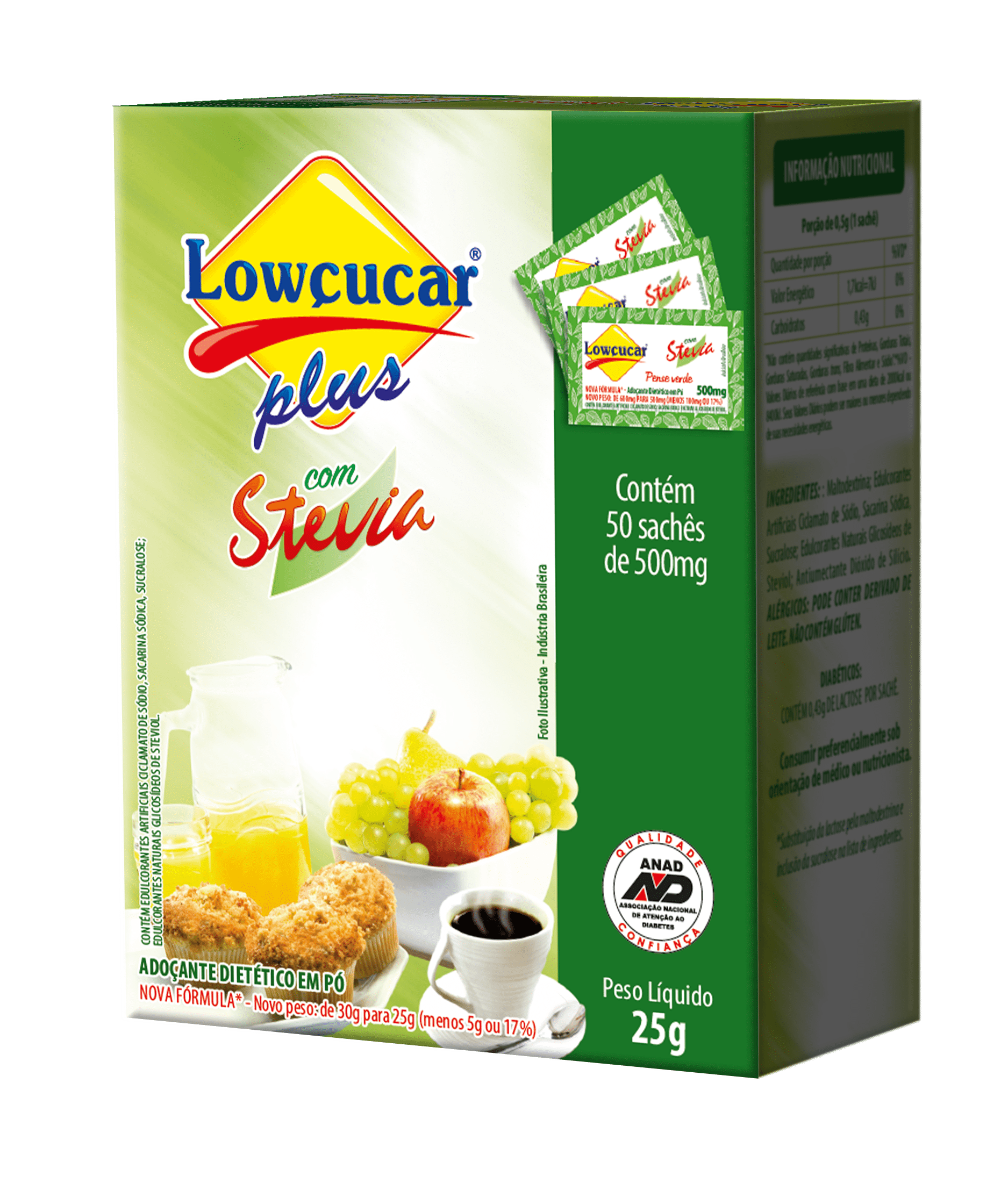 Encontraproduto.com.br - Adoçante Em Pó Plus com Stevia Sachê c/50 - Lowçúcar