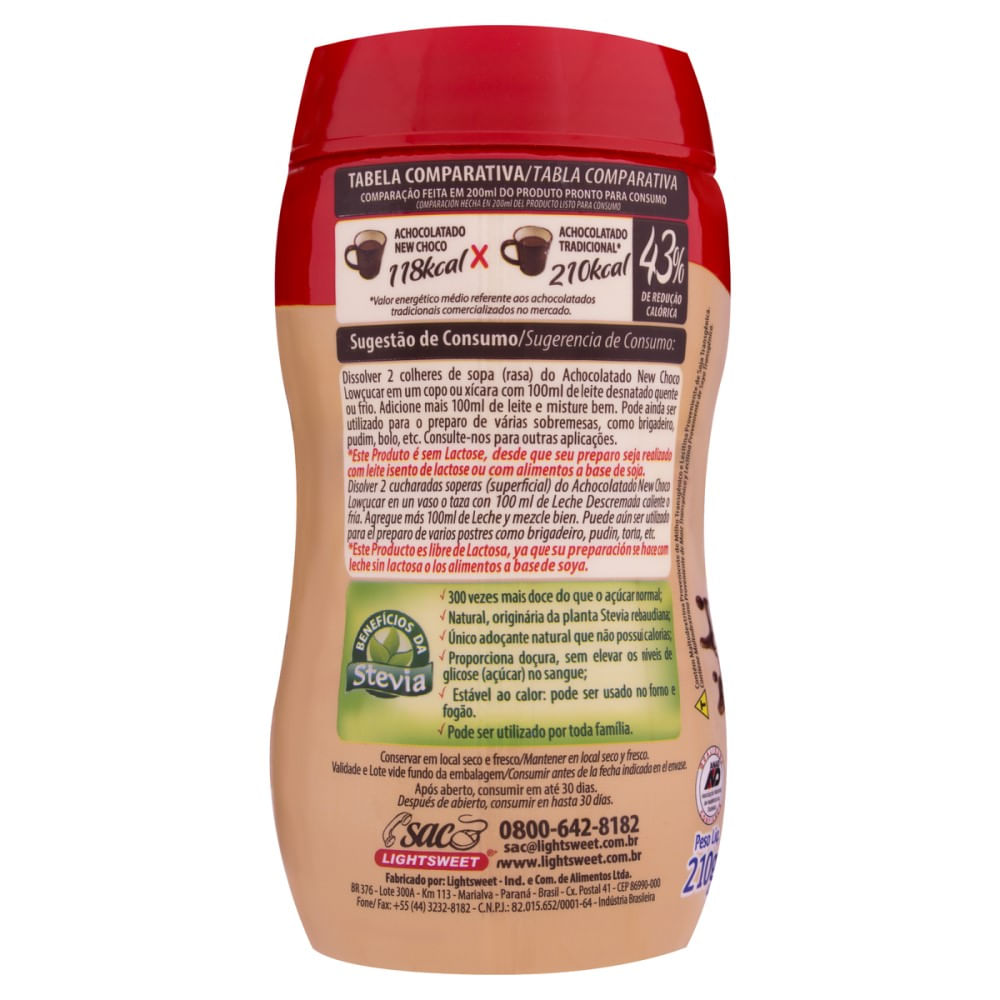 Encontraproduto.com.br - ACHOCOLATADO EM PÓ NEW CHOCO ZERO LACTOSE ZERO AÇÚCAR LOWÇUCAR 210G
