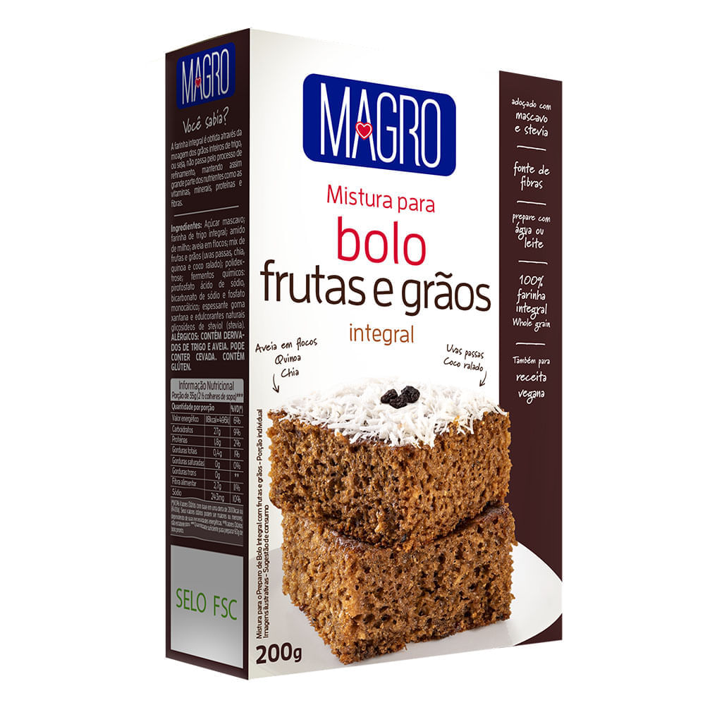 Mistura p/Bolo Integral Frutas e Grãos Magro 200g