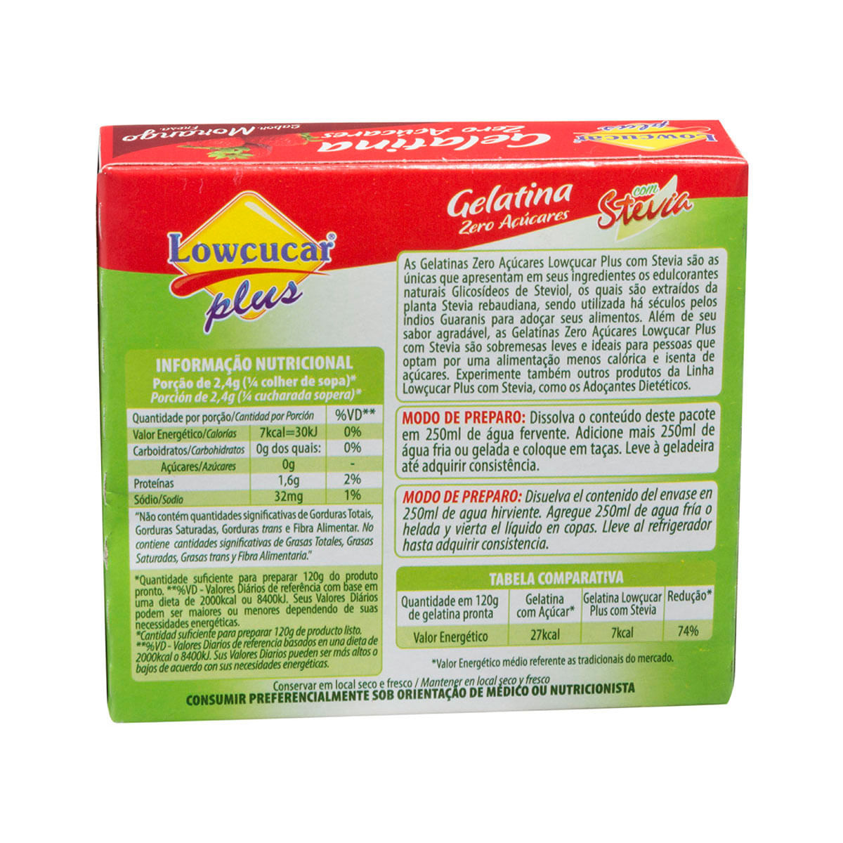 Encontraproduto.com.br - Gelatina Pó com Stevia Morango Zero Açúcar Lowçucar Plus Caixa 10g
