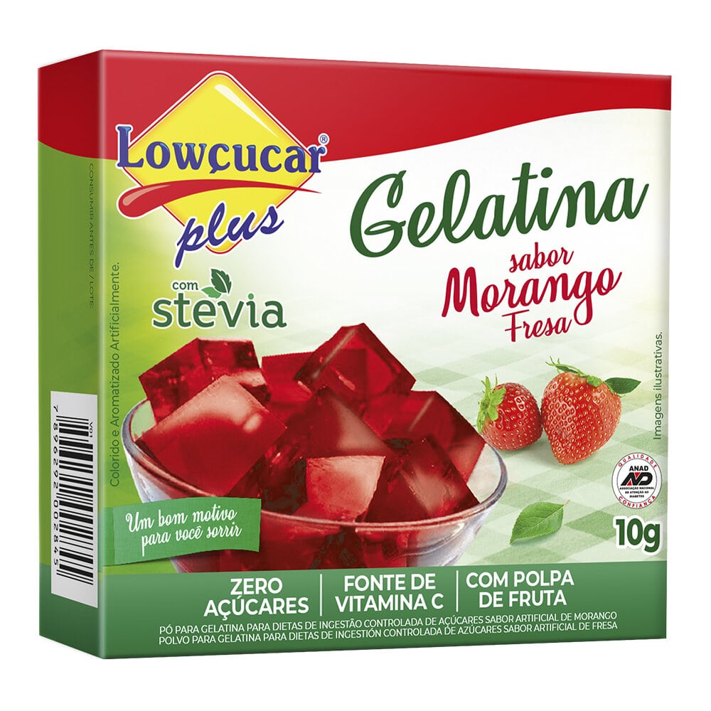 Encontraproduto.com.br - Gelatina Pó com Stevia Morango Zero Açúcar Lowçucar Plus Caixa 10g