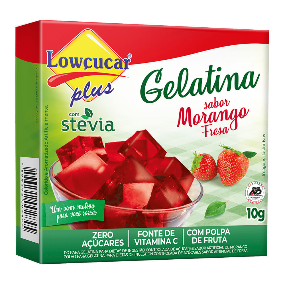 Encontraproduto.com.br - Gelatina Pó com Stevia Morango Zero Açúcar Lowçucar Plus Caixa 10g