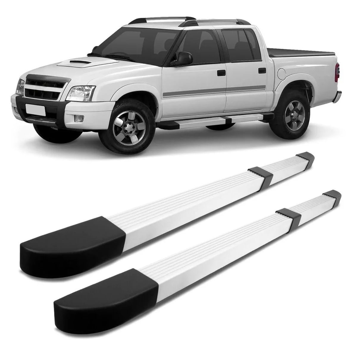 Estribo Lateral S10 Blazer Cabine Dupla 2005 2006 2007 2008 2009 2010 2011 Prata Ponteira Preta