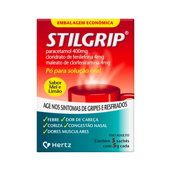 Stilgrip Paracetamol 400mg + Cloridrato De Fenilefrina 4mg + Maleato De  Clorfeniramina 4mg Com 5 Saches Po Para Solucao Oral
