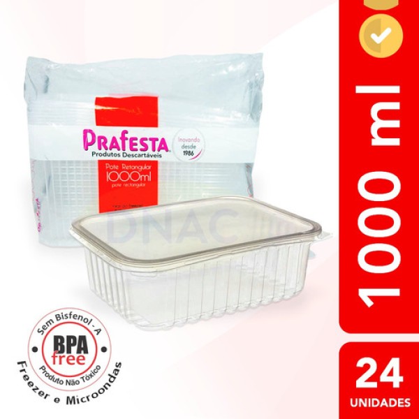 Pote Retângular Com Tampa 1000ML 24 Unidades 8321 PRAFESTA