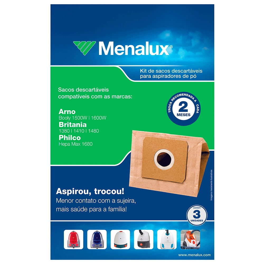 Encontraproduto.com.br - Kit com 3 Sacos Descartáveis Menalux para Aspiradores de Pó (SIM02)