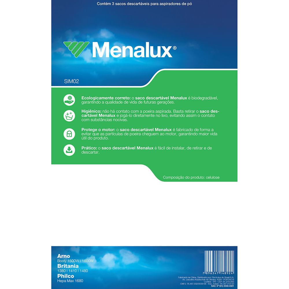 Encontraproduto.com.br - Kit com 3 Sacos Descartáveis Menalux para Aspiradores de Pó (SIM02)
