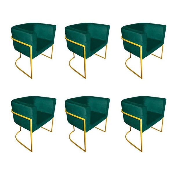 Kit 6 Poltronas Decorativa Sala De Estar Base De Ferro Dourada Veludo Verde