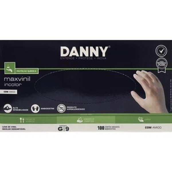 Encontraproduto.com.br - Luvas descartáveis Danny Maxvinil cor transparente tamanho  M de vinil com pó x 100 unidades 