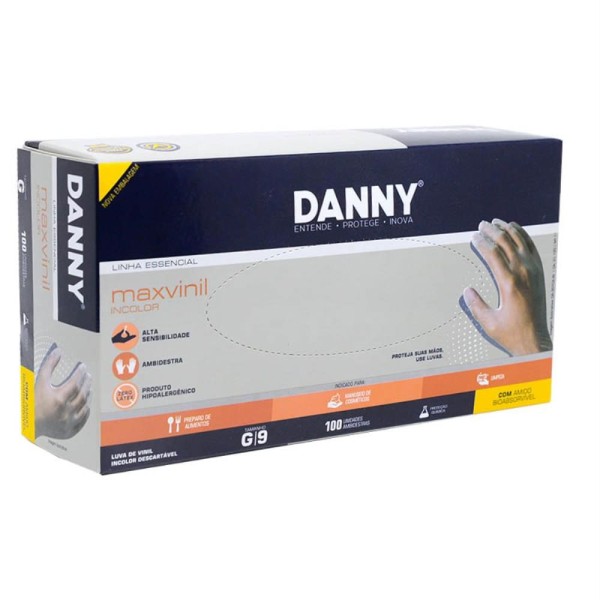Encontraproduto.com.br - Luvas descartáveis Danny Maxvinil cor transparente tamanho  M de vinil com pó x 100 unidades 