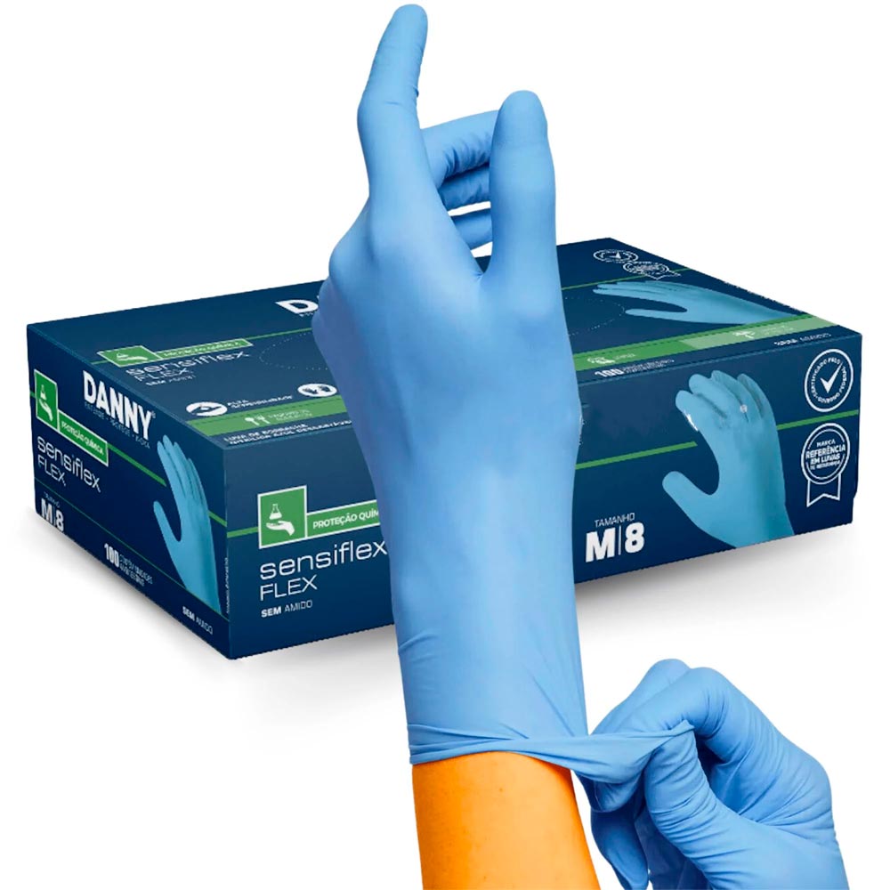 Encontraproduto.com.br - Caixa de Luvas Nitrílicas Azul Sensiflex sem Talco com 100 peças - DANNY