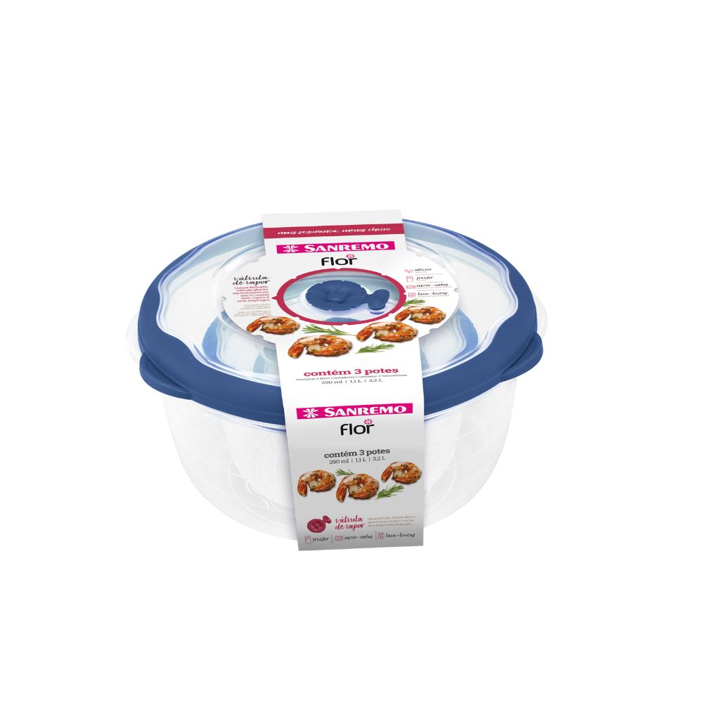 Kit 3 Potes Plásticos Redondos Herméticos Cappuccino 290ml, 1,1L, 3,2L Flor Sanremo