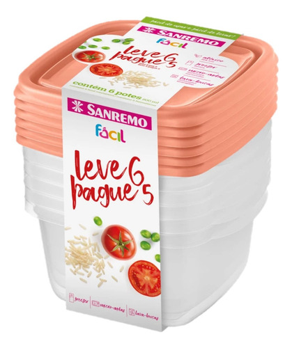 Encontraproduto.com.br - Conjunto Leve 6 Pague 5 Potes Plásticos 800ml Fácil Sanremo