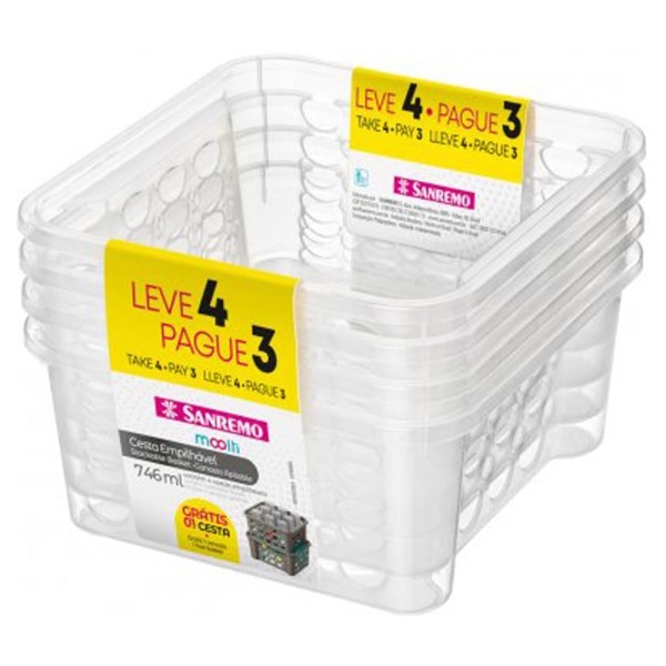 Encontraproduto.com.br - Cesta Empilhável Plástico Transparente 746ml Moolti Sanremo Leve 4 Pague 3
