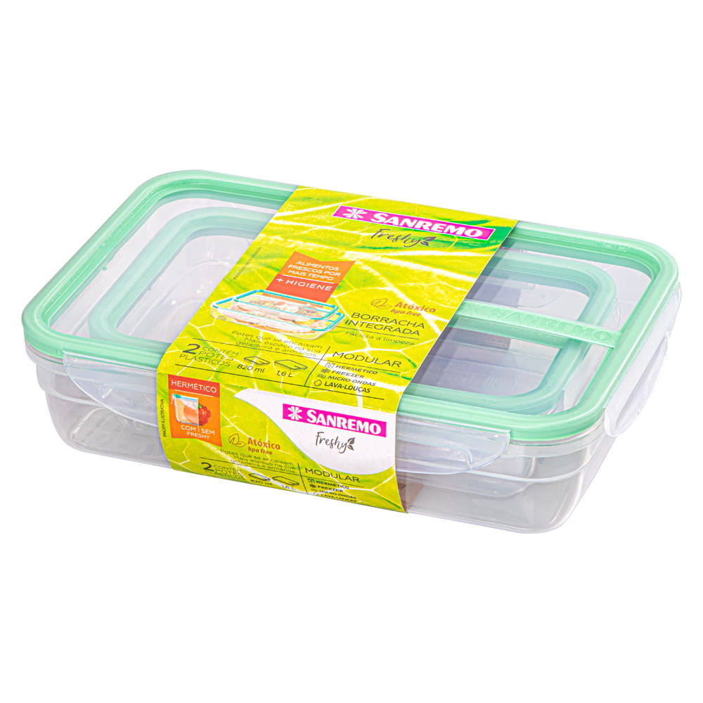 Encontraproduto.com.br - Kit 2 Potes Plásticos com Travas Hermético Verde Sanremo