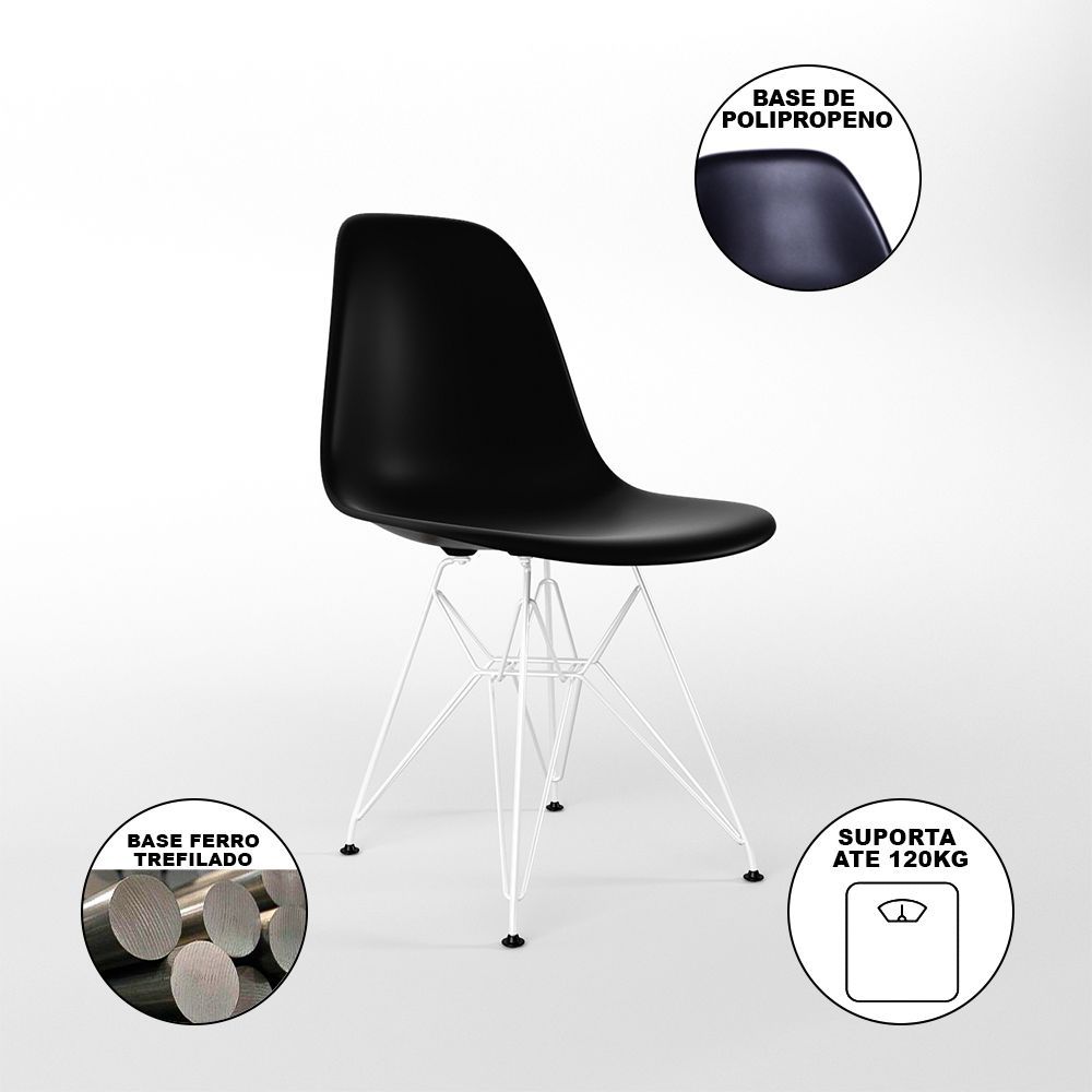 Encontraproduto.com.br - Mesa De Jantar Redonda 90Cm Branca Clips 3 Pés Com 4 Cadeiras Eames Eiffel Pretas Ferro Branco