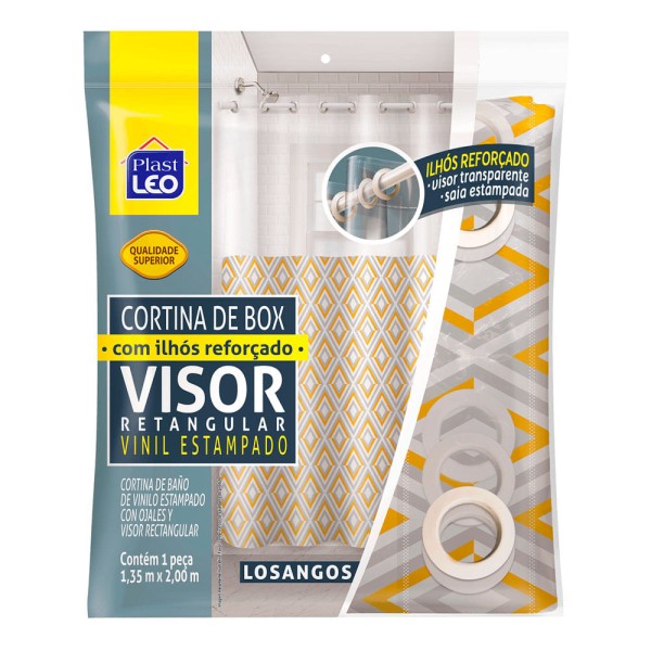 Encontraproduto.com.br - Cortina para Box Plast Leo Vinil com Ilhós e Visor Retangular 1,35x2,00m Estampada Losangos