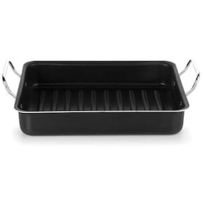 Assadeira Funda Multiflon Canelada Profissional Com Alça 30cm Preto