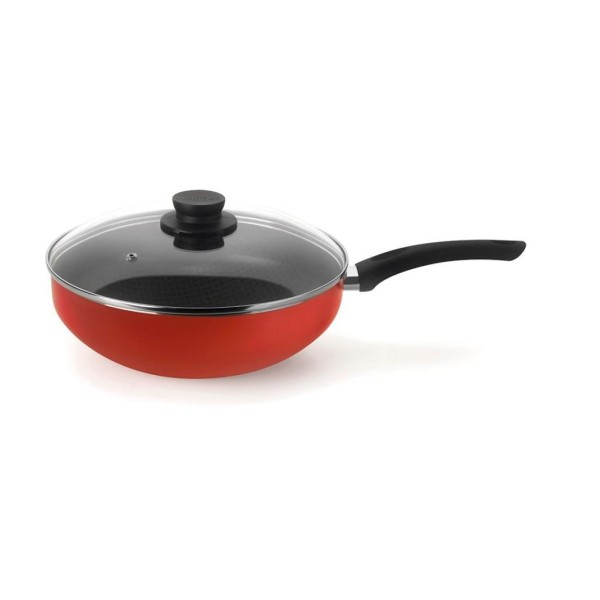 Encontraproduto.com.br - Panela Wok Antiaderente Ultra em Alumínio com Cabo e Tampa de Vidro Vermelha Páprika Multiflon 28cm