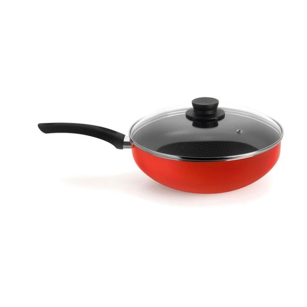 Encontraproduto.com.br - Panela Wok Antiaderente Ultra em Alumínio com Cabo e Tampa de Vidro Vermelha Páprika Multiflon 28cm
