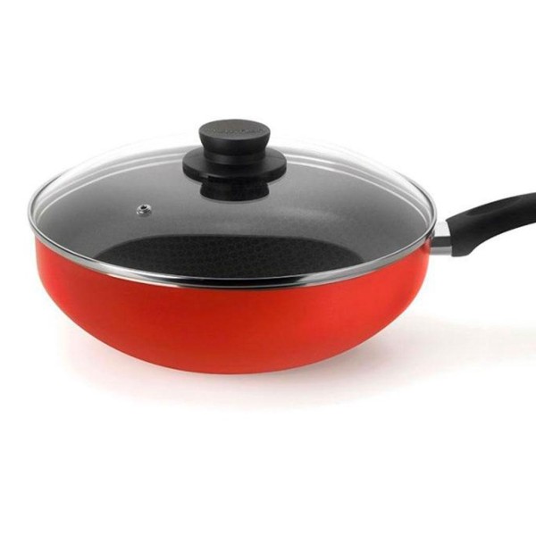 Encontraproduto.com.br - Panela Wok Antiaderente Ultra em Alumínio com Cabo e Tampa de Vidro Vermelha Páprika Multiflon 28cm