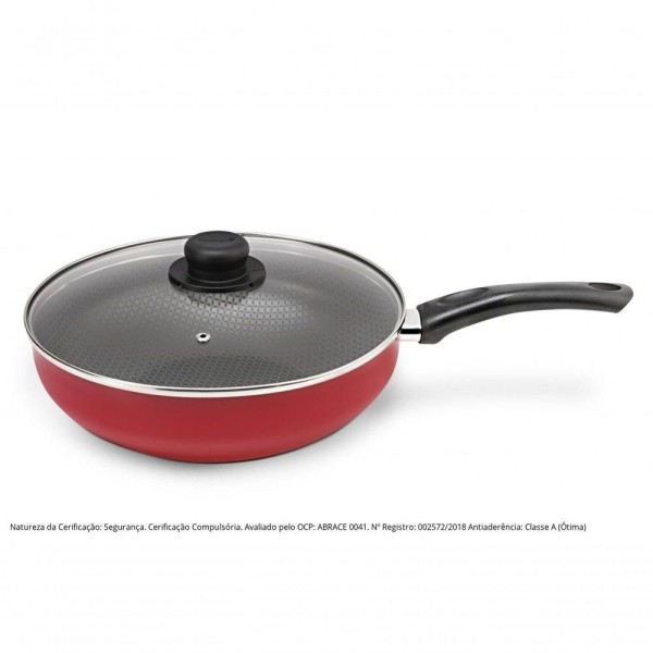 Encontraproduto.com.br - Panela Wok Antiaderente Ultra em Alumínio com Cabo e Tampa de Vidro Vermelha Páprika Multiflon 28cm