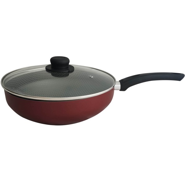 Encontraproduto.com.br - Panela Wok Antiaderente Ultra em Alumínio com Cabo e Tampa de Vidro Vermelha Páprika Multiflon 28cm