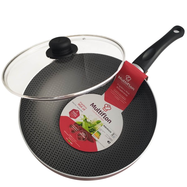 Encontraproduto.com.br - Panela Wok Antiaderente Ultra em Alumínio com Cabo e Tampa de Vidro Vermelha Páprika Multiflon 28cm