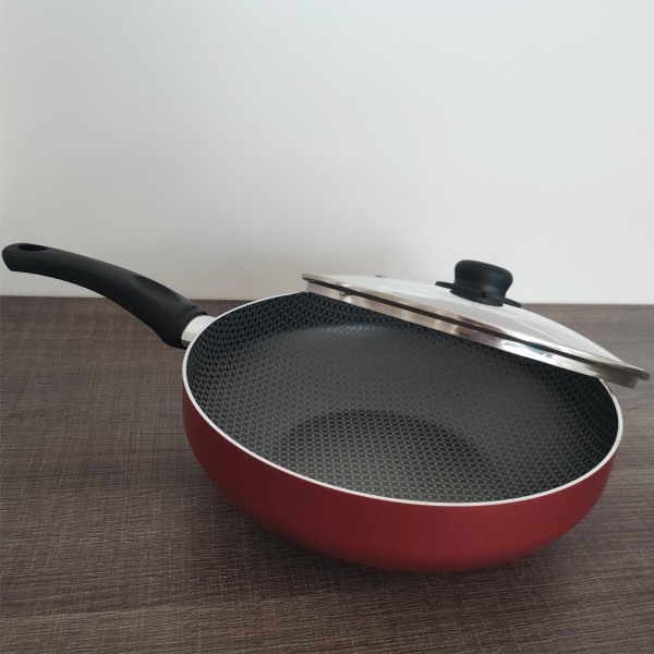 Encontraproduto.com.br - Panela Wok Antiaderente Ultra em Alumínio com Cabo e Tampa de Vidro Vermelha Páprika Multiflon 28cm