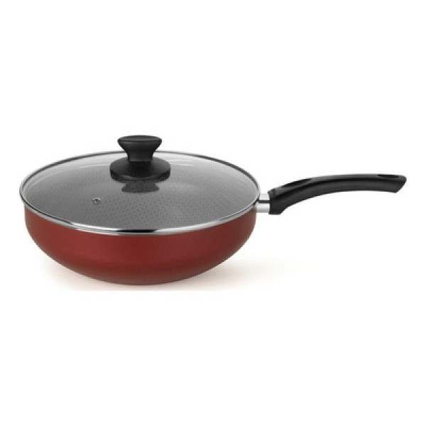 Encontraproduto.com.br - Panela Wok Antiaderente Ultra em Alumínio com Cabo e Tampa de Vidro Vermelha Páprika Multiflon 28cm