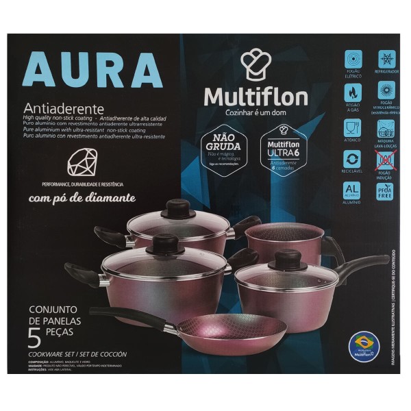 Encontraproduto.com.br - Conjunto De Panelas 5 Peças Caçarolas Panela Frigideira E Fervedor Furta Cor Multiflon