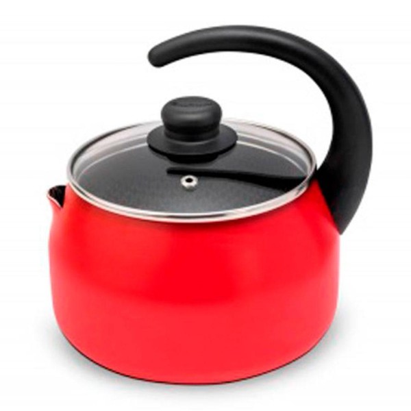 Encontraproduto.com.br - Chaleira Multiflon Paprika em Alumínio com Tampa de Vidro Vermelha - 2,4 L