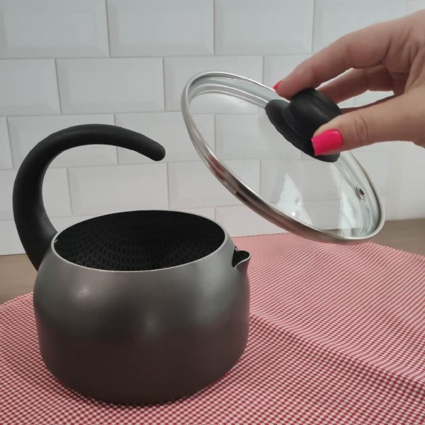 Encontraproduto.com.br - Chaleira Antiaderente Ultra em Alumínio com Tampa de Vidro Gourmet Multiflon 18cm