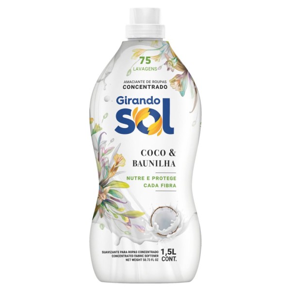 Encontraproduto.com.br - Amaciante para Roupas Girando Sol Concentrado Coco e Baunilha 1,5 Litro