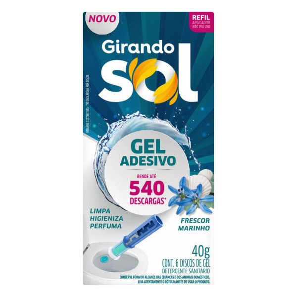 Encontraproduto.com.br - Detergente Sanitário Girando Sol Gel Adesivo Frescor Marinho 40g Refil Com 6 Unidades