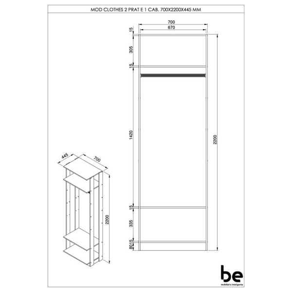 Encontraproduto.com.br - Módulo Closet 1 Cabideiro e 2 Prateleiras Be Mobiliario - Branco TX