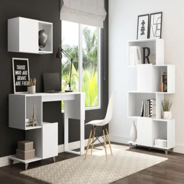 Encontraproduto.com.br - Conjunto Para Escritório Mesa Escrivaninha E Estante Aurora Branco Tx