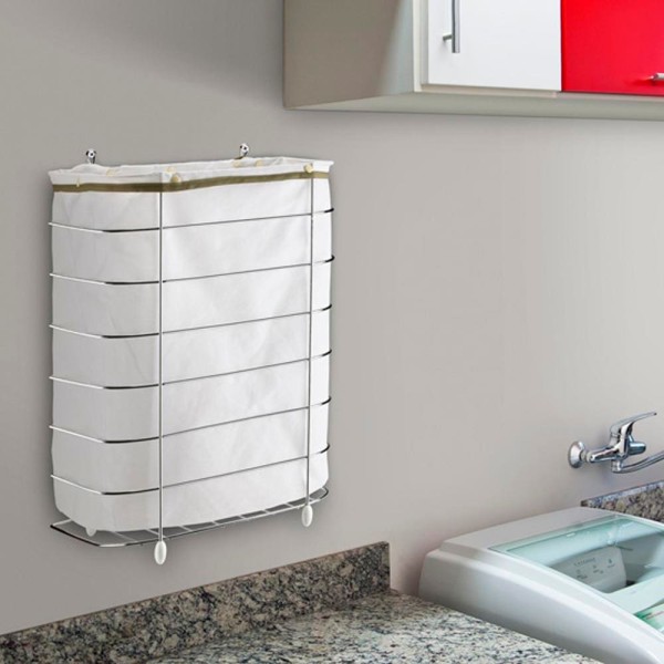 Encontraproduto.com.br - Cesto De Roupa Para Parede E Chão Utimil Cr483 Em Arame Cromado E Tecido Bege Branco