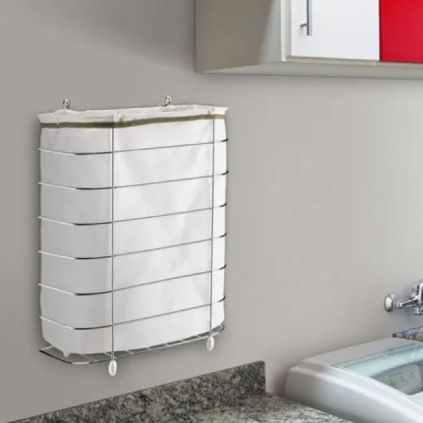 Encontraproduto.com.br - Cesto De Roupa Para Parede E Chão Utimil Cr483 Em Arame Cromado E Tecido Bege Branco