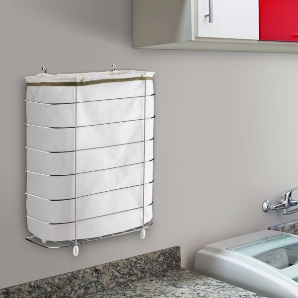 Encontraproduto.com.br - Cesto De Roupa Para Parede E Chão Utimil Cr483 Em Arame Cromado E Tecido Bege Branco