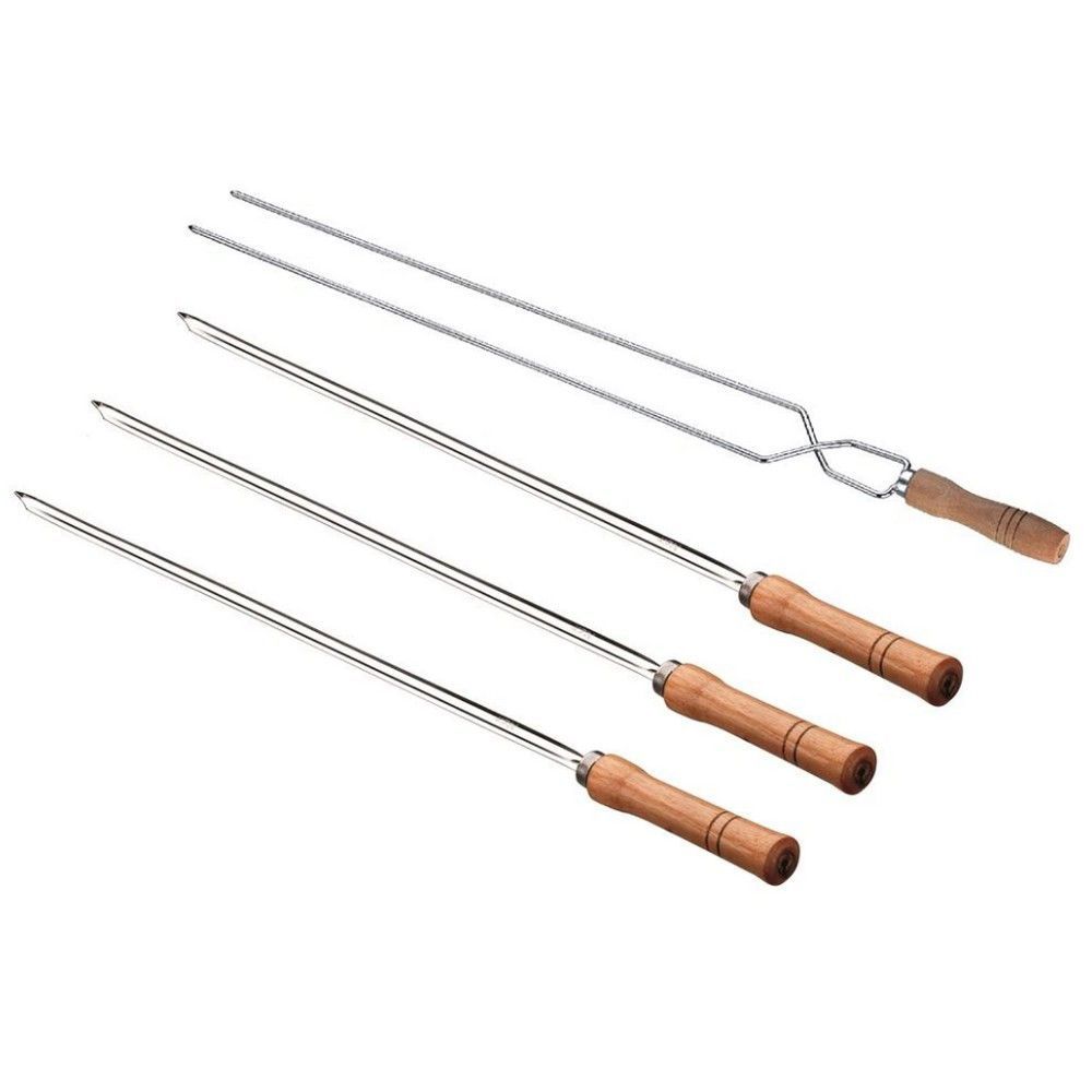 Encontraproduto.com.br - Conjunto de Espetos Simples e Duplo Utimil em Aço Inox, Aço Cromado e Madeira – 4 Peças