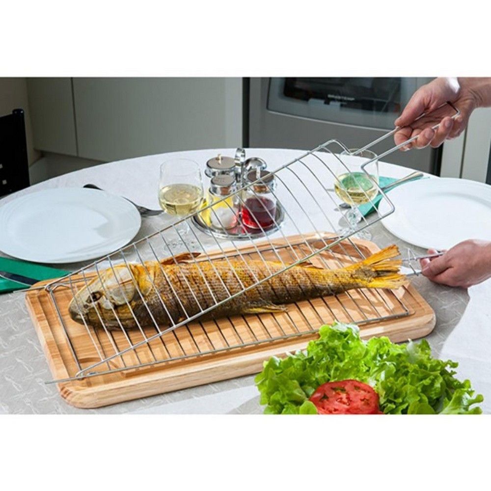 Encontraproduto.com.br - Conjunto de Grelha para Peixe e Espetos Simples Utimil em Aço Cromado, Aço Inox e Madeira  3 Peças