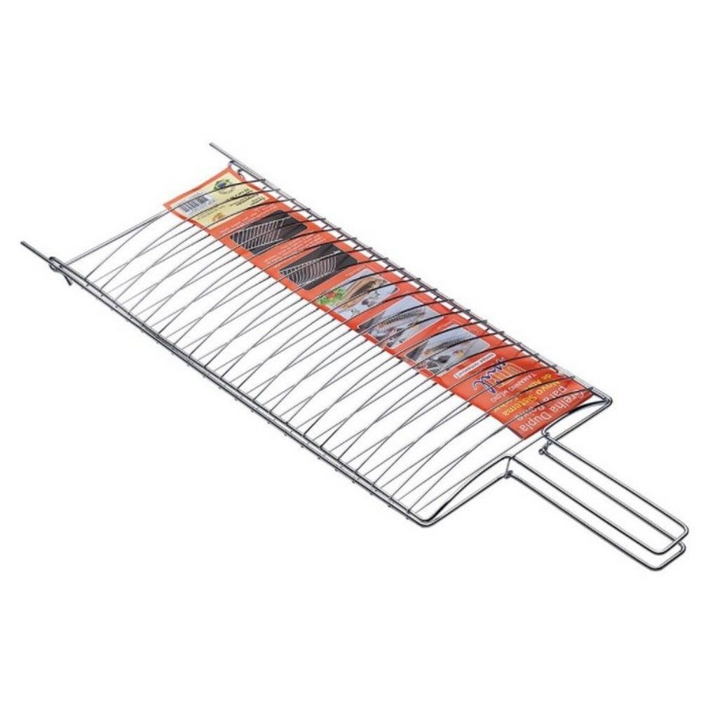 Encontraproduto.com.br - Conjunto de Grelha para Peixe e Espetos Simples Utimil em Aço Cromado, Aço Inox e Madeira  3 Peças