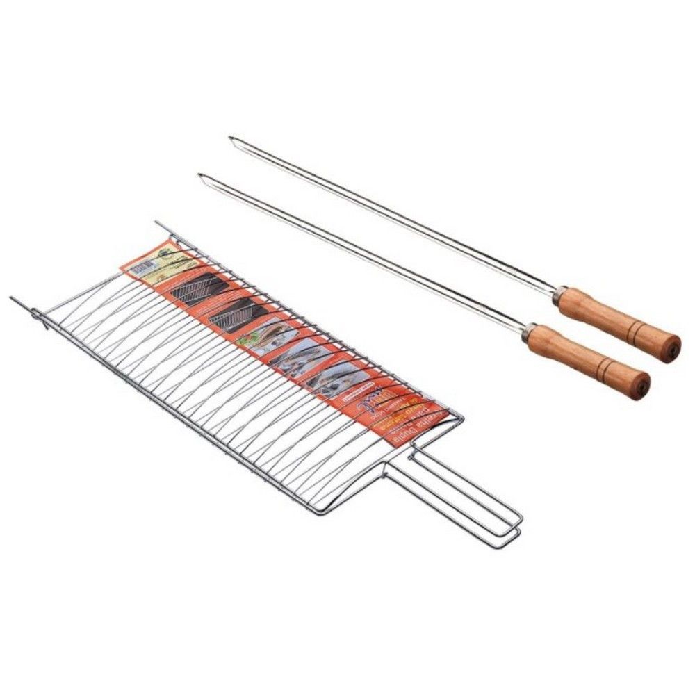 Encontraproduto.com.br - Conjunto de Grelha para Peixe e Espetos Simples Utimil em Aço Cromado, Aço Inox e Madeira  3 Peças