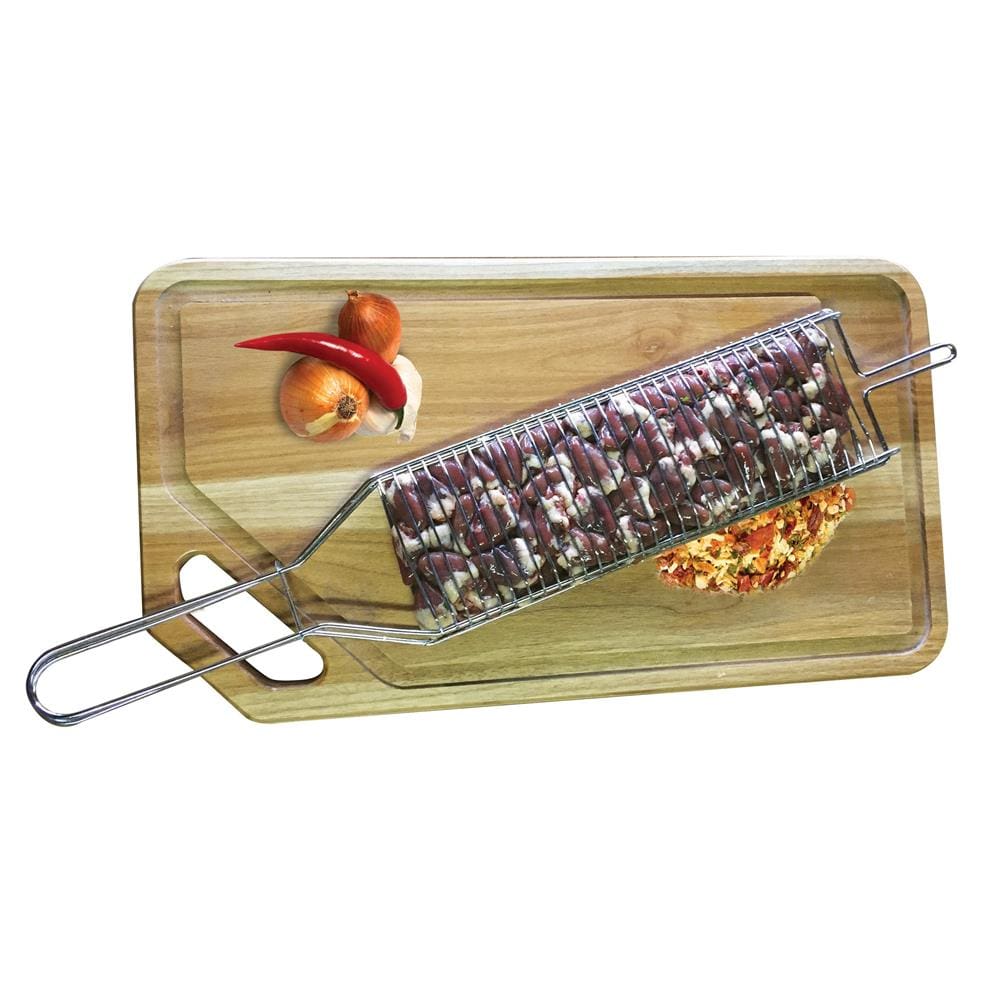 Encontraproduto.com.br - Conjunto de Grelha para Coraçãozinho e Espetos Simples Utimil em Aço Cromado, Aço Inox e Madeira – 3 Peças