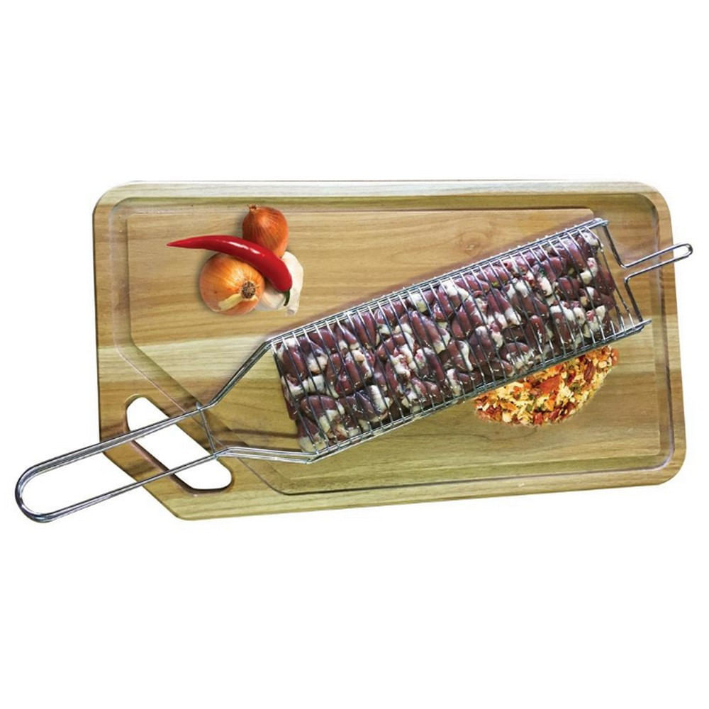 Encontraproduto.com.br - Conjunto de Grelha para Coraçãozinho e Espetos Simples Utimil em Aço Cromado, Aço Inox e Madeira – 3 Peças